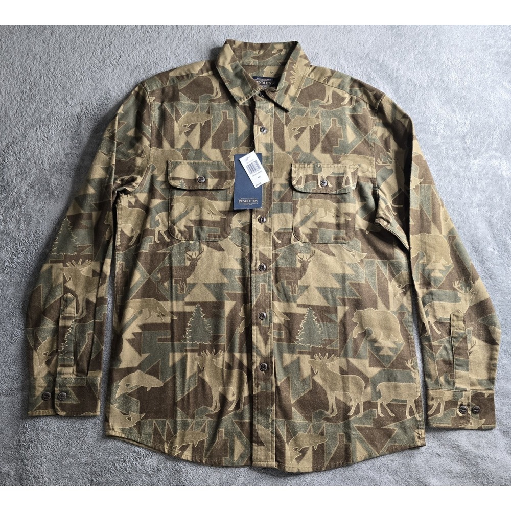 NWT Pendleton Brown/Green Tanner Twill CAMO Shirt DEER/BEARS Wildlife Men's XL